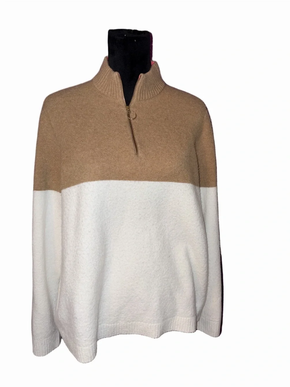 🆕💜J.Crew Colorblock Half Zip Sweater Women’s XL Camel Ivory Mock Neck Wool Blend